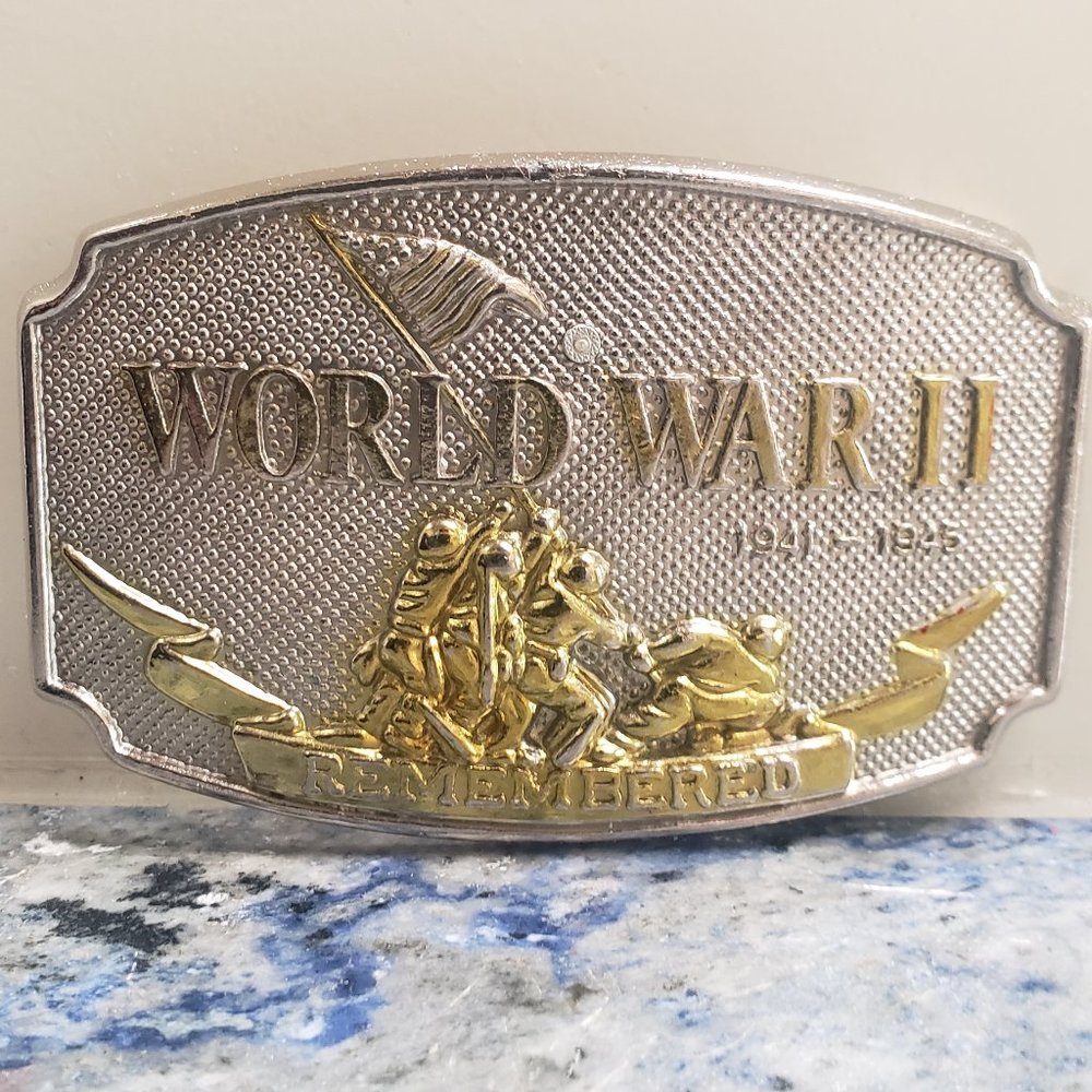 World War II Silver & Gold Tone Commemorative Belt Buckle -Vintage 1992